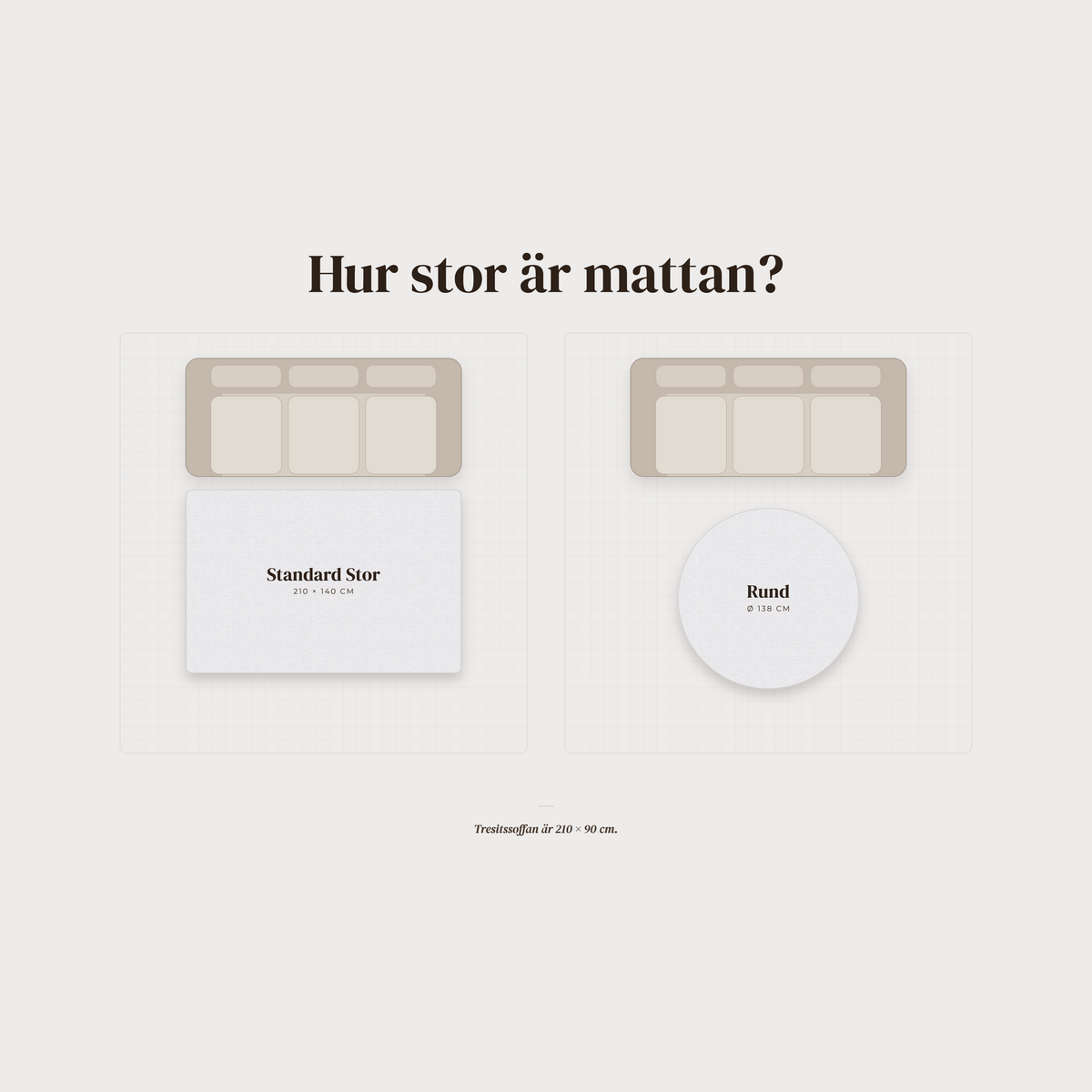 Storleksjämförelse av premiumlekmatta med mjuka bågar i varm sandbeige och vävd struktur i varmvitt.